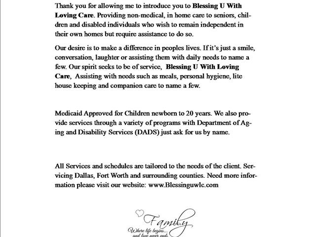Gallery Image for Blessing U With Loving Care Inc in Cedar Hill, TX