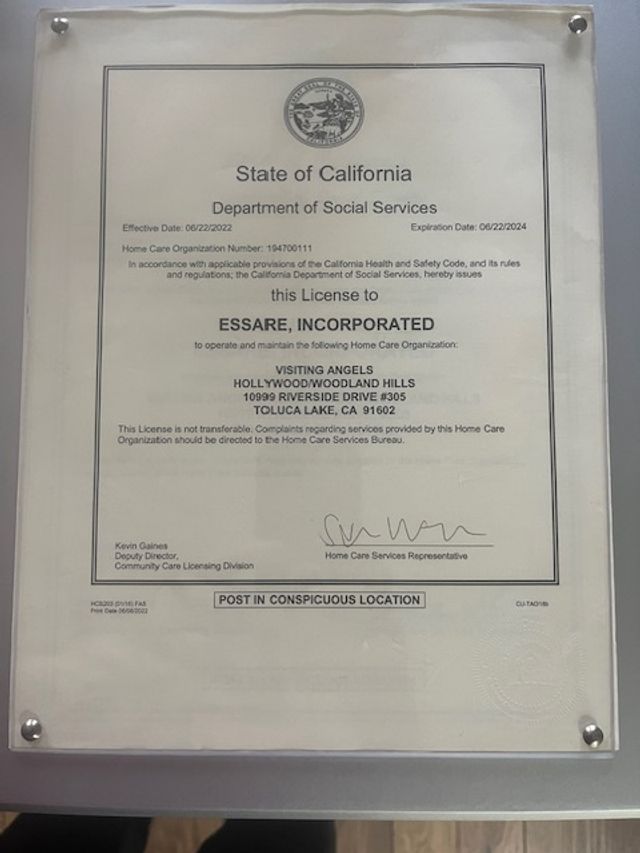 Visiting Angels of West San Fernando Valley & Northeast Los Angeles award certificate