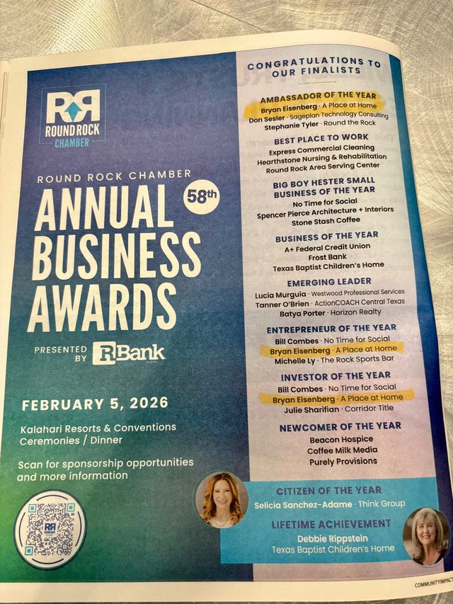 A PLACE AT HOME NORTH AUSTIN award certificate